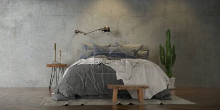 Téléchargez les photos : Gray bedroom. Inside the empty dark room. and bed designed in loft style and plants and center tables and lamps 3D renderings and illustrations. - en image libre de droit