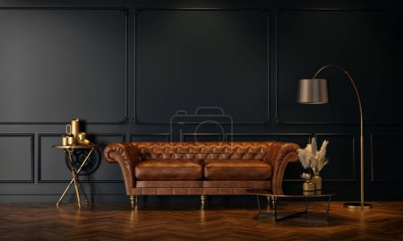 Photo for Dark gray living room Inside the dark room was empty. Designed in an elegant style and brown leather sofas with lamps and center tables 3D renderings and illustrations. - Royalty Free Image