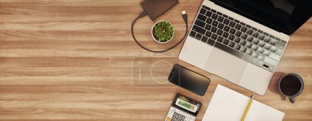 Photo for High angle view of desk Wood pattern with laptop, notebook, calculator and coffee mug.3D renderings and illustrations. - Royalty Free Image