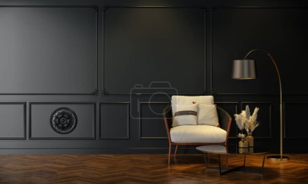 Téléchargez les photos : Dark gray living room Inside the dark room was empty. Designed in a luxurious style and chair with cushions. with lamp and center table 3D renderings and illustrations. - en image libre de droit