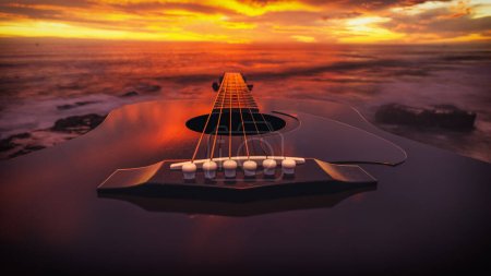Photo for Acoustic guitar on sandy beach In the background is the sea where the sun is setting, concept, music and tourism.3d render and illustration. - Royalty Free Image
