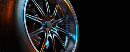 Photo for Close-up photo of a car wheel in the black background studio. 3d render and illustration. - Royalty Free Image