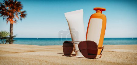Photo for Sunglasses and sun lotion on the beach in summer the background is the sea holiday concept and tourism. 3d render and illustration. - Royalty Free Image
