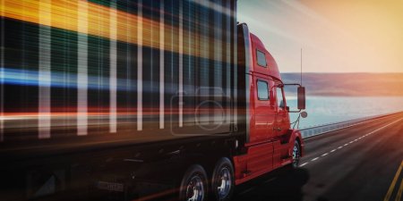transport truck Running at speed on the road. Logistic concept.3d render and illustration.