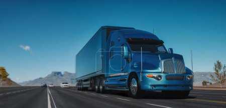 Großer Lastkraftwagen und Container auf der Überlandstraße. Konzept. Transport und Logistik.