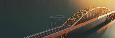 A suspension bridge crosses the ocean from a bird's eye view, and trucks are passing by in the evening. 3d rendering and illustration