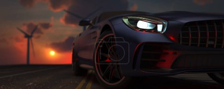 Photo for Close-up shot of the side of a luxury car on the road, background, sunset, in the evening. 3d renderings and illustrations. - Royalty Free Image