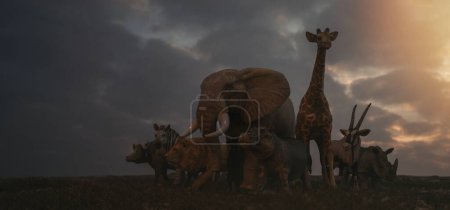 Téléchargez les photos : Un grand groupe d'animaux africains, girafes, lions, éléphants, singes et autres, se tiennent ensemble dans les prairies.. - en image libre de droit
