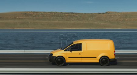 Photo for A small red and yellow pickup truck on the road is delivering goods to customers. transportation concept - Royalty Free Image