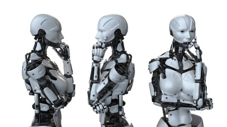 menschgemachter weißer Roboter mit künstlicher Intelligenz für zukünftigen Komfort, 3D-Renderings und Illustrationen.