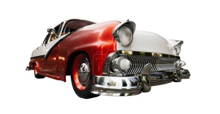 Photo for Side view of a classic american car from the fifties. Low angle view showing red paint and chrome fender and grill. 3d render and illustration. - Royalty Free Image