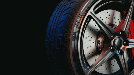 Photo for Banner For Car Wheel Business. 3d render and illustration. Wheel black background. - Royalty Free Image