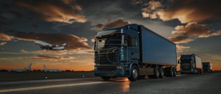 Téléchargez les photos : Camion porte-conteneurs à l'aéroport. camion, plan, rendu 3D et illustration. - en image libre de droit