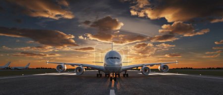 Photo for Airplane is taxiing to take off at the sunrise. 3d render and illustration. sunrise, airplane, - Royalty Free Image