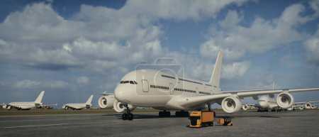 Téléchargez les photos : Avion commercial stationné sur une piste se préparant à voler, rendu 3D et illustration. - en image libre de droit