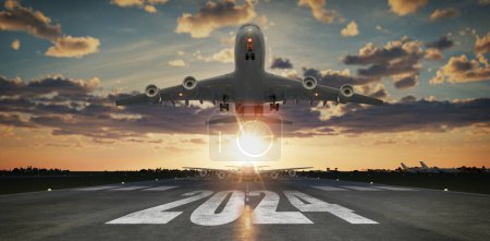 Photo for Inscription on the runway 2024 surface of the airport road take off airplane. Concept of travel in the new year, holidays. 3d render and illustration. - Royalty Free Image
