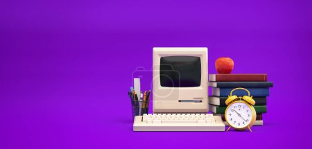 Photo for School Accessories on Blue Background with Copy Space, computer, book, clock, 3d render and illustration. - Royalty Free Image