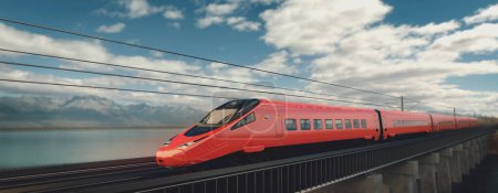 Téléchargez les photos : Train à grande vitesse très confortable train à grande vitesse en rouge. 3d, rendu, illustration, - en image libre de droit