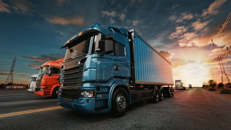 Foto de Camión con contenedor en carretera, concepto de transporte de carga. 3d, representación, ilustración, - Imagen libre de derechos