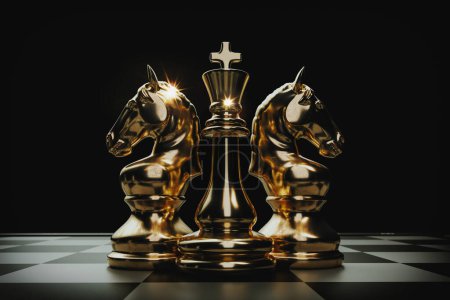 Téléchargez les photos : Golden chess image sur l'échiquier Il transmet la concurrence et le défi. Indique luxe et élégance. 3d, rendu, illustration, - en image libre de droit