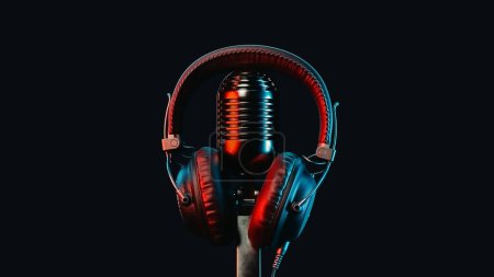 Photo for Vintage microphone and headphones side by side on a black background. 3d, rendering, illustration, - Royalty Free Image