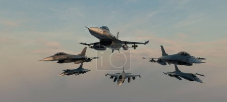Foto de Escuadrón de aviones de combate volando en línea en el cielo. 3d, representación, ilustración, - Imagen libre de derechos