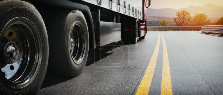 Photo for Trucks are transporting goods through a road that stretches through the mountains. 3d, rendering, illustration, - Royalty Free Image