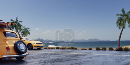Photo for A car is parked on the beach. Clear sky, blue sea, white sandy beach, warm atmosphere. Reminiscent of a vacation. 3d, rendering, illustration, - Royalty Free Image