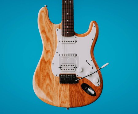 Foto de Guitarra eléctrica de color natural sobre un fondo azul Tomado en el estudio. 3d, representación, ilustración, - Imagen libre de derechos