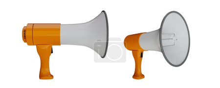 Téléchargez les photos : Deux mégaphones avec poignées orange sur fond blanc. 3d, rendu, illustration, - en image libre de droit