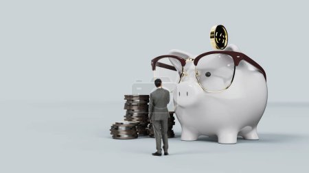Photo for Piggy bank wearing glasses looking at a calculator Waiting to calculate the accumulated money. 3d, rendering, illustration, - Royalty Free Image