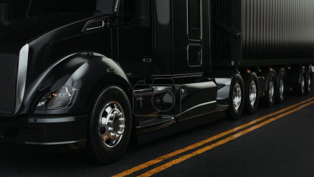 Foto de Un camión negro grande está corriendo en la carretera. 3d, representación, ilustración, - Imagen libre de derechos