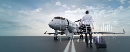 Photo for Businessman boarding a private jet with infographic, graphs and finance in the foreground. 3d, rendering, illustration, - Royalty Free Image