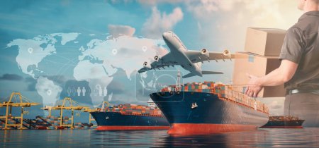 Photo for Ships in port for logistics business and transportation of cargo containers, cargo planes and various forms of transport. 3d, rendering, illustration, - Royalty Free Image
