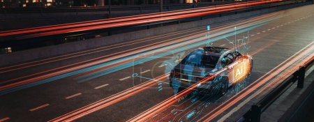 Téléchargez les photos : AI voiture alimenté fonctionne sur une route animée de la ville la nuit avec un trafic flou. 3d, rendu, illustration, - en image libre de droit