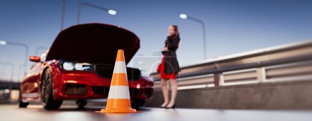 Photo for A car is on the road, there is an emergency and a woman is in need of help. 3d, rendering, illustration, - Royalty Free Image