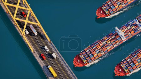 Photo for Highway traffic on the bridge below is the sea with ships rushing below. Mix cars and goods into a picture of transportation and industry. - Royalty Free Image