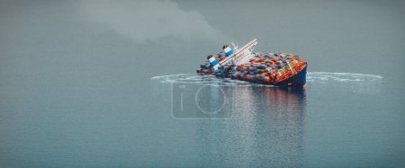 Foto de Un gran buque de carga se inclinó y se hundió lateralmente en el océano.3d, representación, ilustración, - Imagen libre de derechos