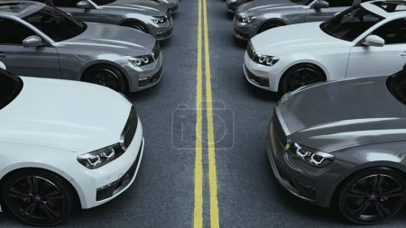 Téléchargez les photos : Rangées de voitures garées soigneusement dans le parking. 3d, rendu, illustration, - en image libre de droit