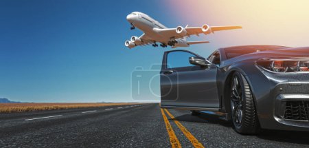Foto de Vista lateral de un coche deportivo de lujo y una pista con un avión detrás de él, fondo, cielo. 3d renderizado e ilustración. - Imagen libre de derechos