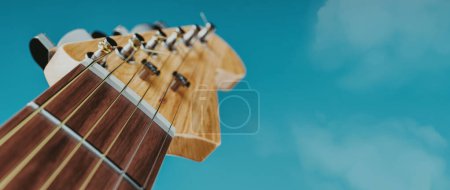 Téléchargez les photos : Photo en gros plan d'une guitare électrique placée sur un fond bleu La guitare est faite de bois brun. 3d, rendu, illustration, - en image libre de droit