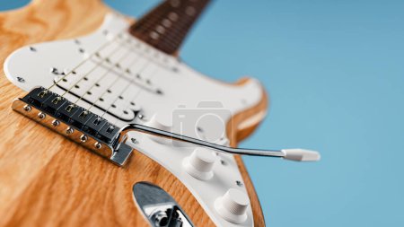 Photo for Close-up photo of an electric guitar placed on a blue background The guitar is made of brown wood. 3d, rendering, illustration, - Royalty Free Image