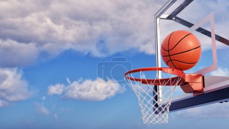 The basketball ball is passing through the hoop. 3d, rendering, illustration,