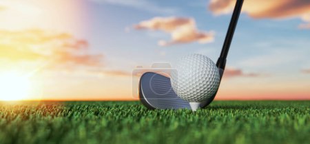 Téléchargez les photos : La balle de golf est sur le tee à côté du club de golf. Le ciel du matin est la toile de fond. 3d, rendu, illustration, - en image libre de droit
