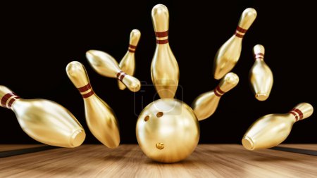 Photo for A golden bowling ball is hitting golden bowling pins. 3d, rendering, illustration, - Royalty Free Image