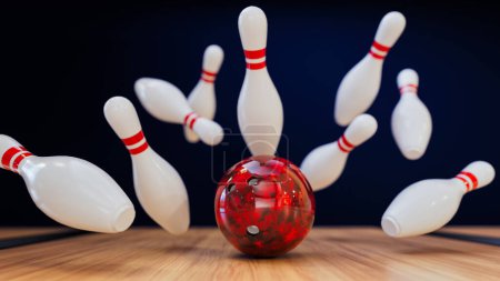Photo for A bowling ball is hitting golden bowling pins. 3d, rendering, illustration, - Royalty Free Image