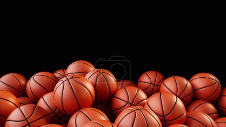 Téléchargez les photos : Une pile de balles de basket sont empilées les unes sur les autres. Le ballon de basket est de couleur vive. 3d, rendu, illustration, - en image libre de droit