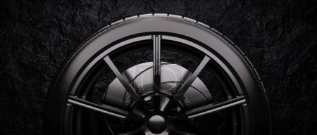 Photo for Black car tires With black alloy wheels The tires are in good condition. 3d, rendering, illustration, - Royalty Free Image