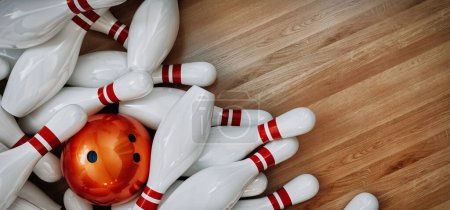 Photo for Bowling balls and bowling pins placed on a wooden background. 3d, rendering, illustration, - Royalty Free Image