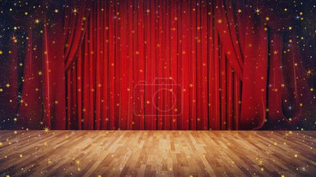 Photo for Wooden floor stage with red curtains in the background. 3d render and illustration. - Royalty Free Image